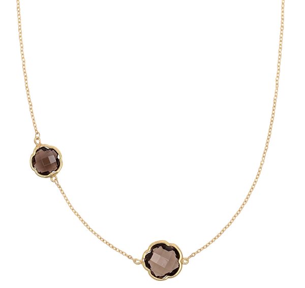 Di poppea, a gift symbolizing two. 9ct yellow gold necklace featuring two clover cut smoky quartz gemstones, wearable at 45 and 40cm.
