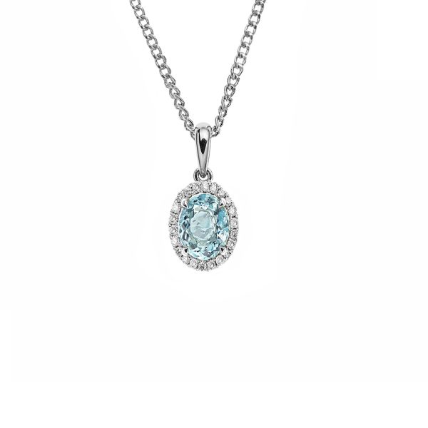18ct white gold four claw set 0.83ct oval aquamarine pendant. Set in a halo of 22 brilliant cut diamonds=0.12ct g/si1 accompanied with an 18ct white gold diamond cut curb link chain.
