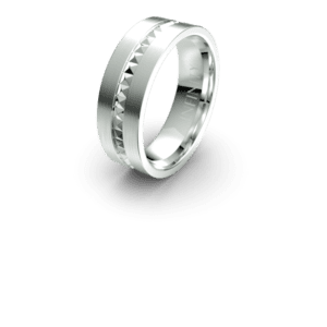 A silver ring with engraved text on a white background.