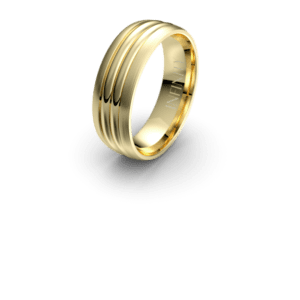 Elegant gold ring with a smooth, polished finish and subtle grooves.