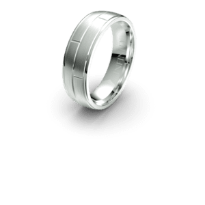 Silver wedding band with engraved lines.