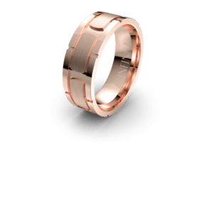Rose gold ring with geometric design.