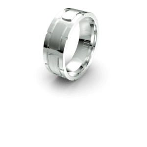 Silver geometric patterned metal ring on display.