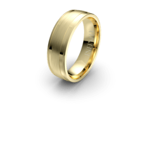 Gold wedding band on black background.